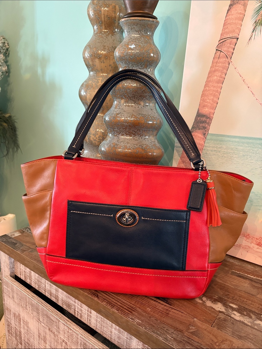 Coach Colorblock Leather Tote - Red, Navy & Tan beautiful bag